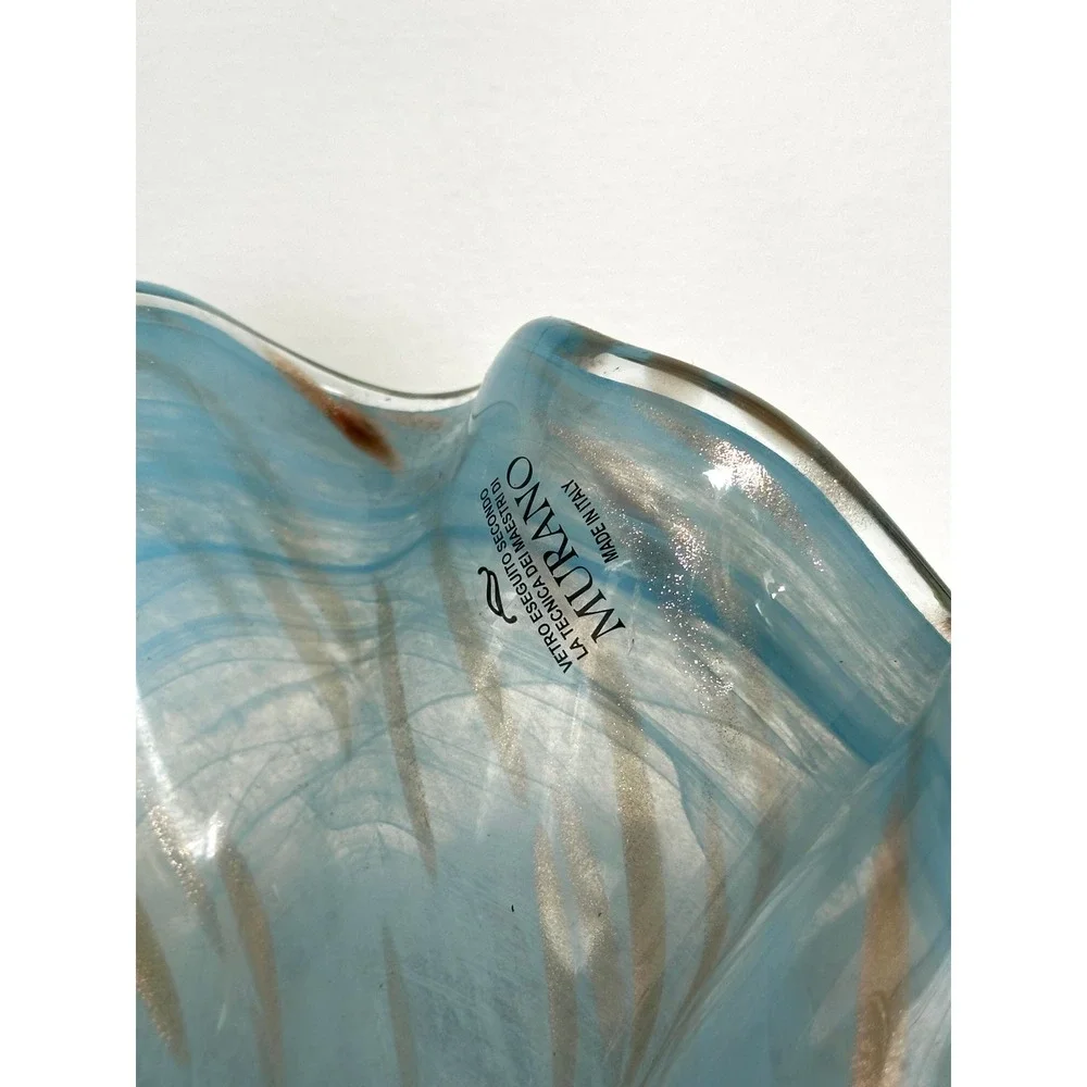Blue Murano Art Blown Glass Vase Handkerchief Italian white Gold Swirl 11 x 14